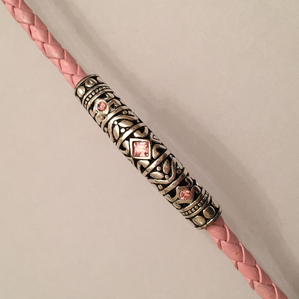 pink braided leather and silver bracelet